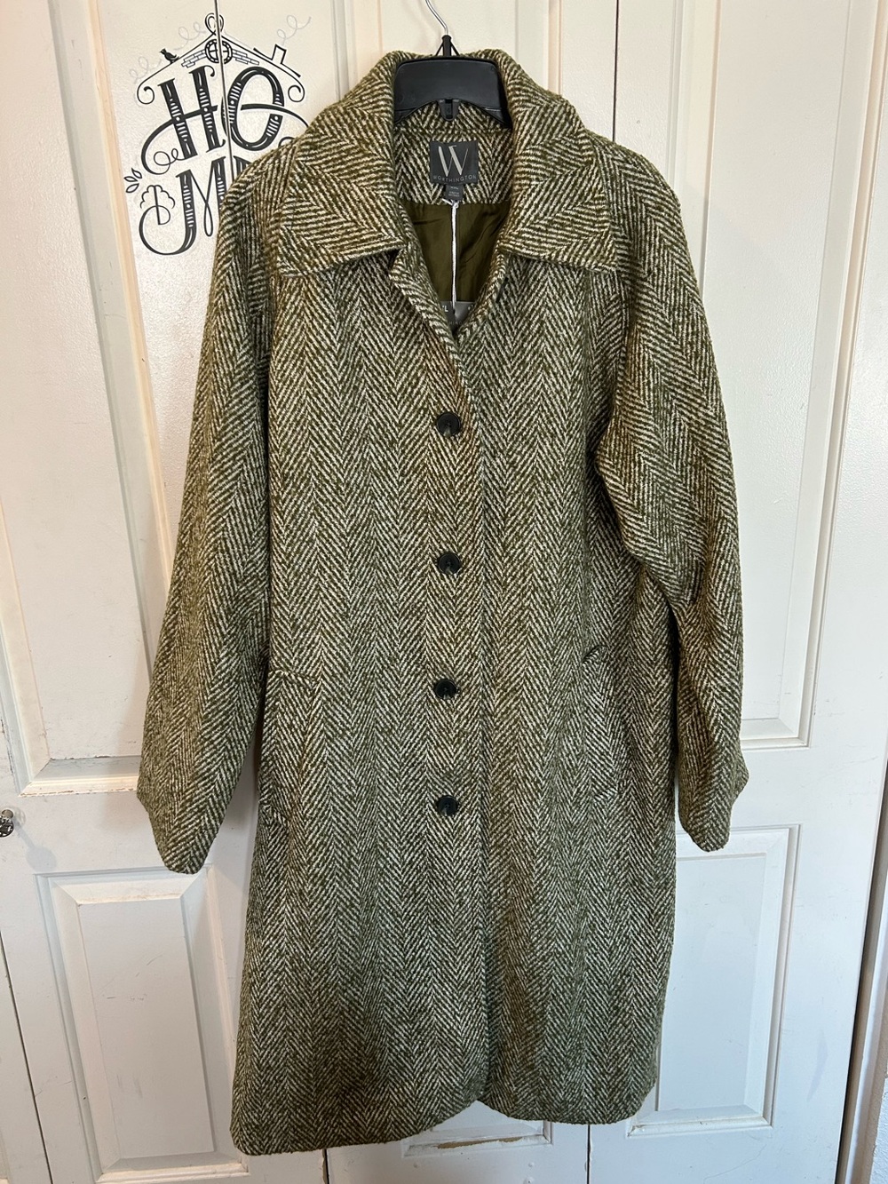 Worthington Women Green Herringbone Long Overcoat Lined Button Size XXL NEW